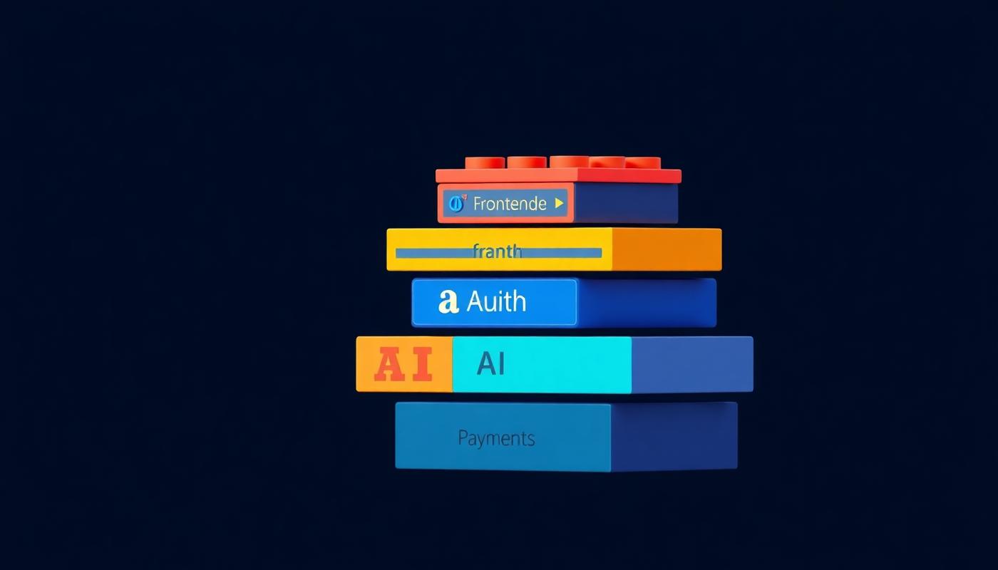 Layered illustration of a no-code stack: frontend, backend, auth, AI, payments