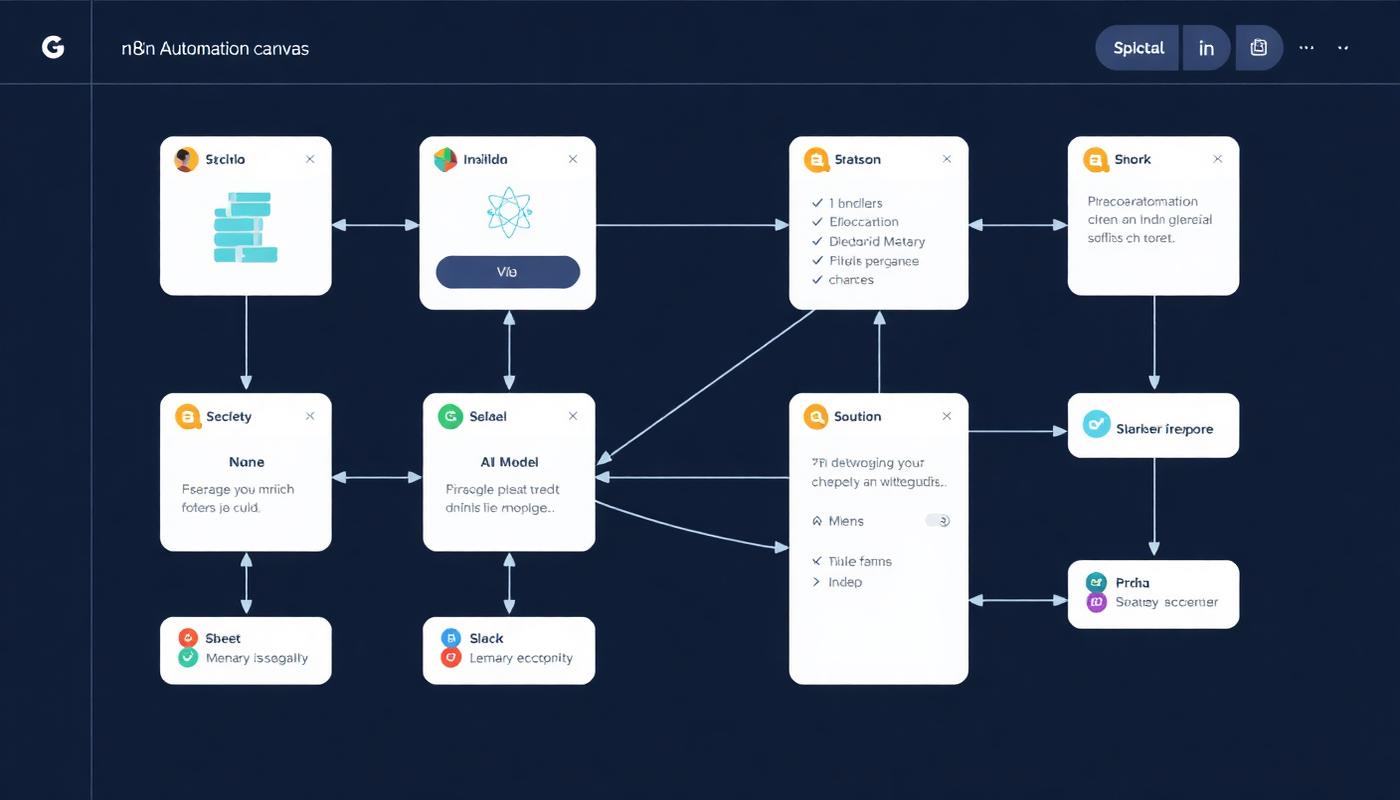 n8n canvas showing a webhook trigger connected to an AI model node, database node, and Slack node