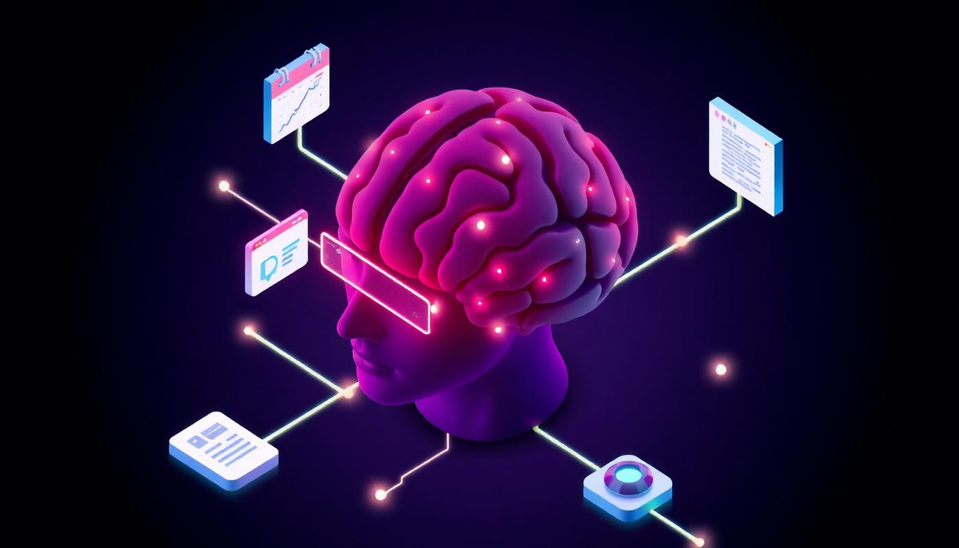 Isometric illustration of an AI agent brain connected to calendar, email, database, and browser tools